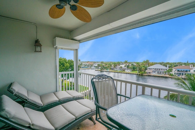 balcony featuring ceiling fan and a water view