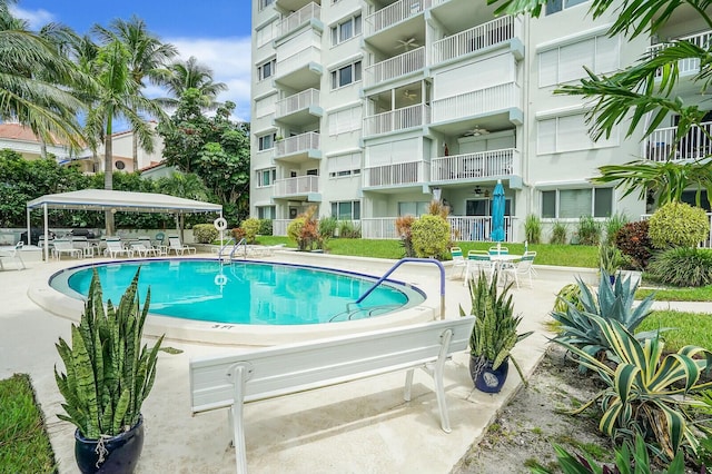 view of swimming pool featuring a patio area