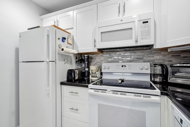 kitchen featuring tasteful backsplash, white cabinetry, and white appliances