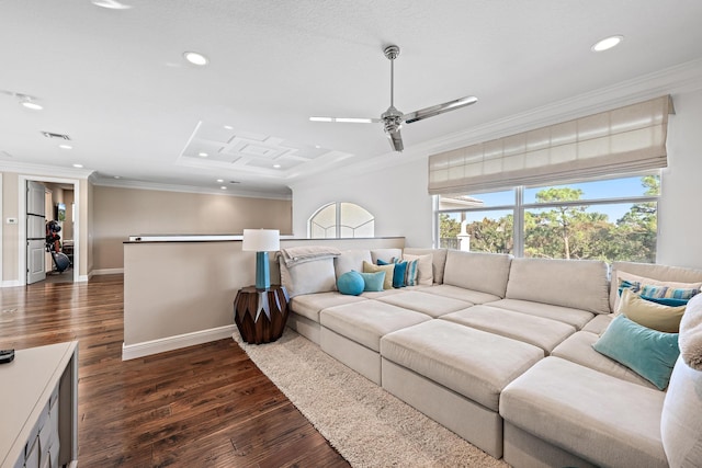 bedroom with ornamental molding, recessed lighting, dark wood finished floors, and baseboards