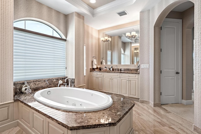 full bath with vanity, visible vents, ornamental molding, a whirlpool tub, and wallpapered walls