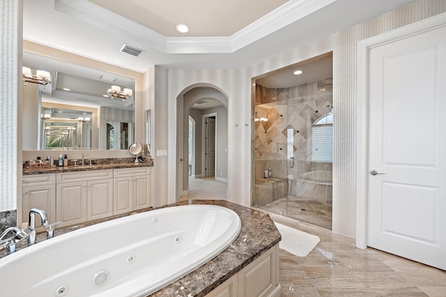 full bath featuring marble finish floor, visible vents, ornamental molding, a stall shower, and a whirlpool tub