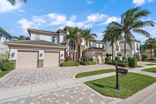 view of front of home with stone siding, a tiled roof, an attached garage, decorative driveway, and stucco siding