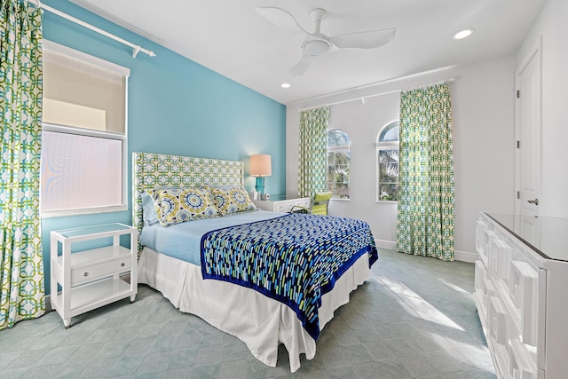 bedroom featuring baseboards, ceiling fan, and recessed lighting