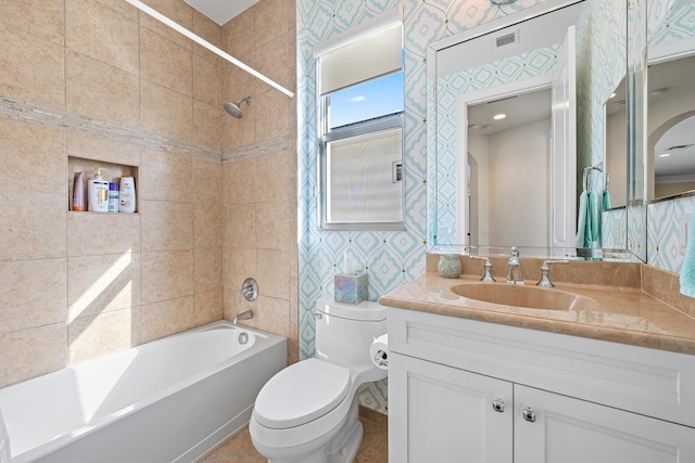 full bath featuring shower / bath combination, visible vents, vanity, and wallpapered walls