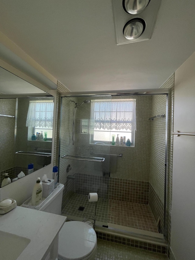 bathroom with vanity, toilet, and walk in shower