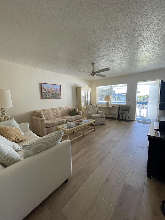 living room featuring ceiling fan, wood-type flooring, and a textured ceiling