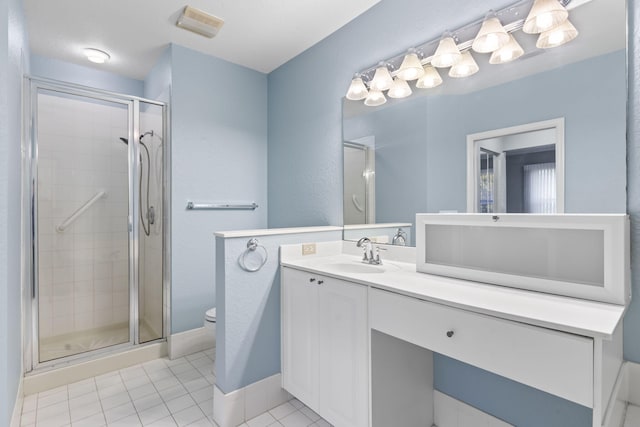 bathroom featuring tile patterned floors, a shower with door, vanity, and toilet