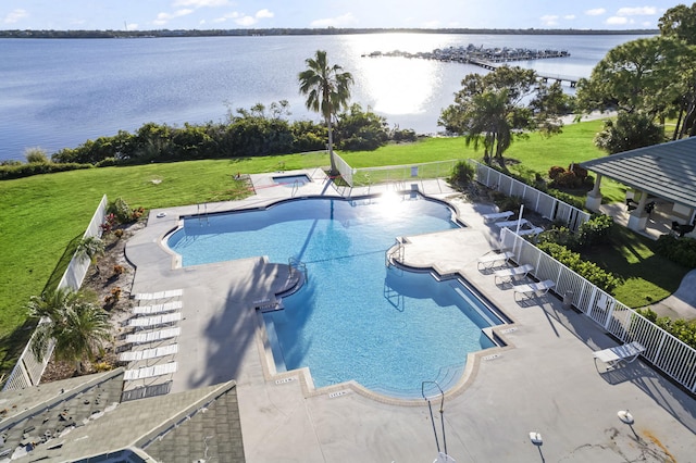 view of swimming pool featuring a gazebo, a patio, and a water view