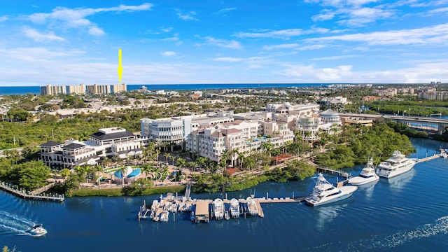 aerial view featuring a water view