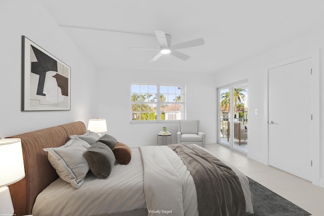 tiled bedroom featuring access to outside and ceiling fan