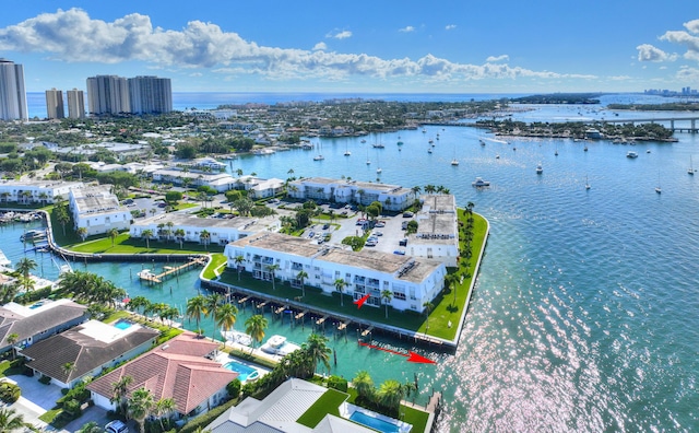 birds eye view of property featuring a water view