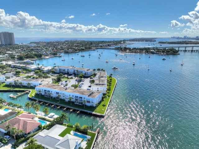 drone / aerial view with a water view