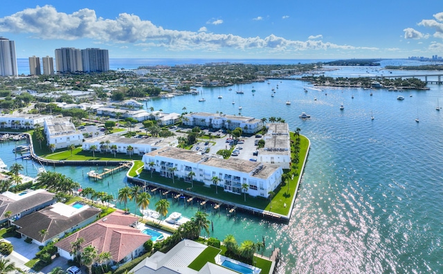 drone / aerial view featuring a water view