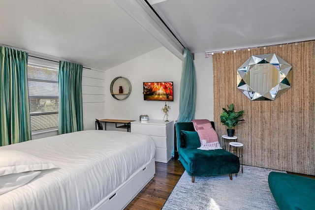 bedroom featuring vaulted ceiling with beams, dark hardwood / wood-style floors, and wood walls