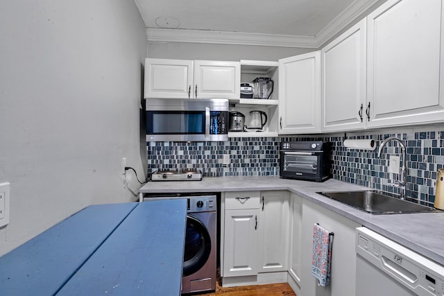 kitchen featuring sink, crown molding, white cabinetry, backsplash, and white dishwasher