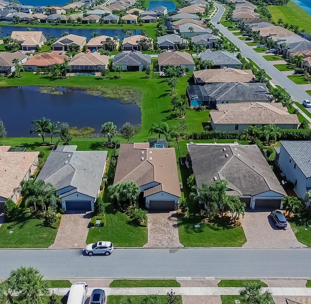 bird's eye view with a water view