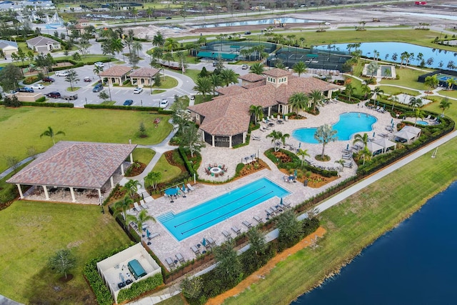 drone / aerial view featuring a water view