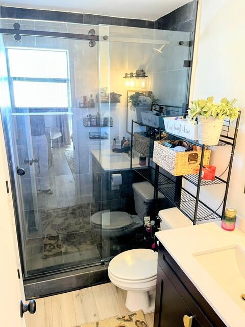 bathroom with walk in shower, vanity, and toilet