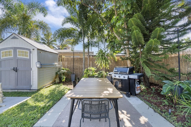 view of patio / terrace with a storage shed