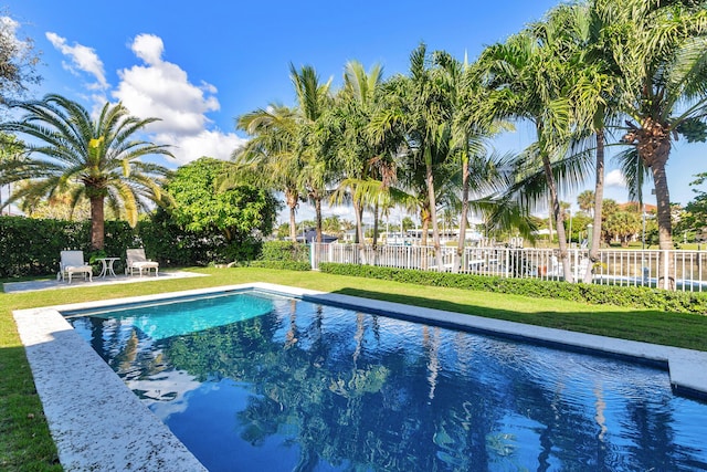 view of pool with a lawn