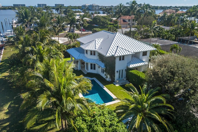 aerial view with a water view