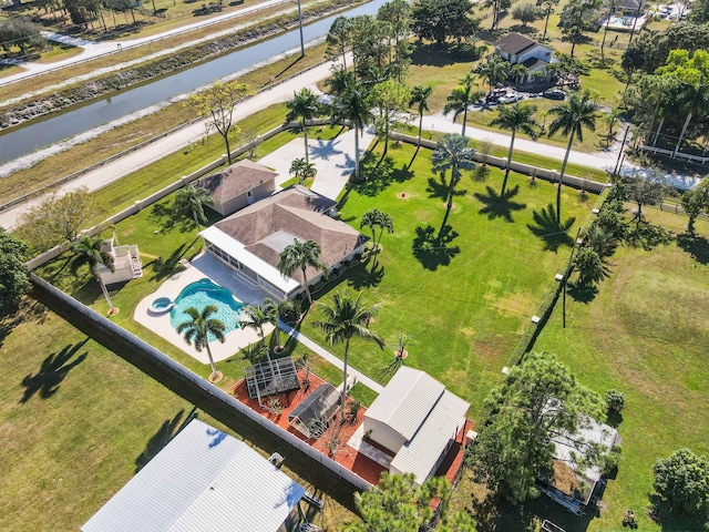 drone / aerial view featuring a water view