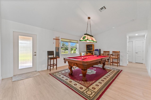 rec room featuring light hardwood / wood-style floors, billiards, and vaulted ceiling