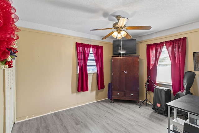 home office featuring a textured ceiling, light wood-type flooring, and ceiling fan