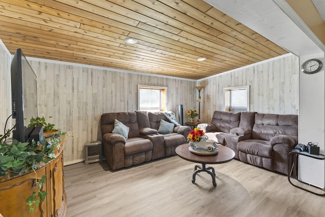 living room with wood walls, wood ceiling, and light wood-type flooring