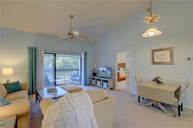 living room featuring ceiling fan, light carpet, and high vaulted ceiling