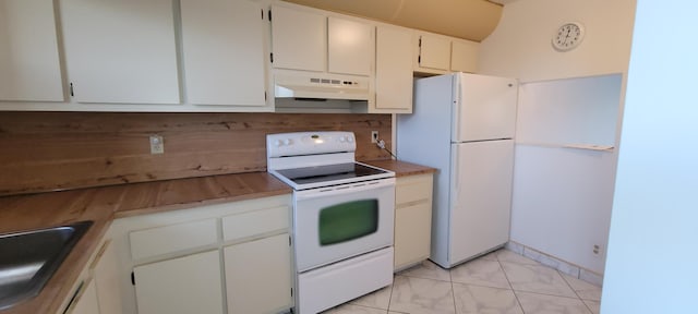 kitchen featuring ventilation hood, white cabinets, white appliances, and sink