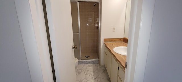 bathroom with vanity, toilet, and a shower with shower door