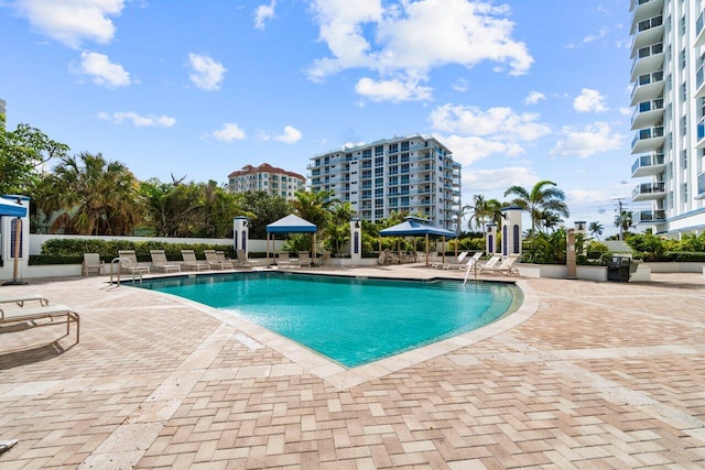 view of swimming pool with a patio area