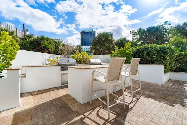 view of patio featuring grilling area, an outdoor bar, and an outdoor kitchen