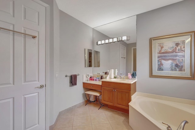 bathroom with tile patterned floors, vanity, and a bath