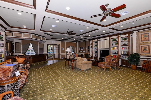 living room with beam ceiling, french doors, crown molding, and coffered ceiling