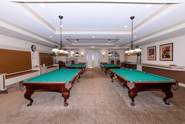 recreation room featuring carpet flooring, a raised ceiling, ornamental molding, and pool table