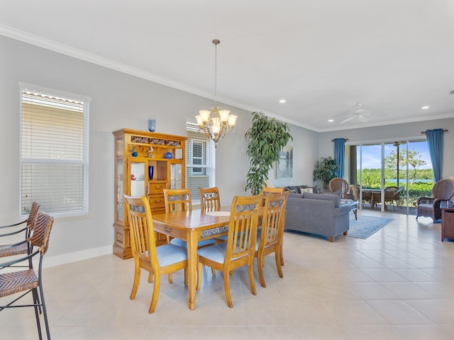 dining area featuring light tile patterned floors, recessed lighting, ceiling fan with notable chandelier, baseboards, and ornamental molding