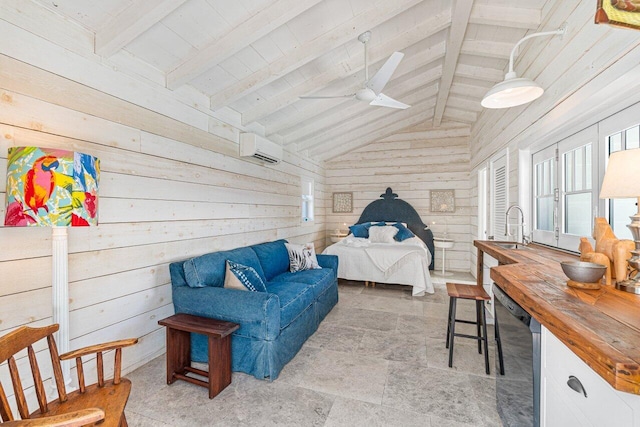 bedroom with lofted ceiling with beams, wooden walls, and wood ceiling