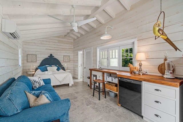 bedroom with wood ceiling, ceiling fan, wooden walls, lofted ceiling with beams, and an AC wall unit