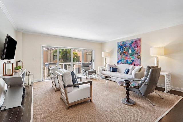 living room with wood-type flooring and crown molding