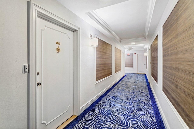 hall featuring wooden walls and ornamental molding