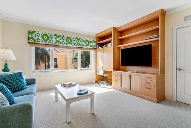 carpeted living room with ornamental molding