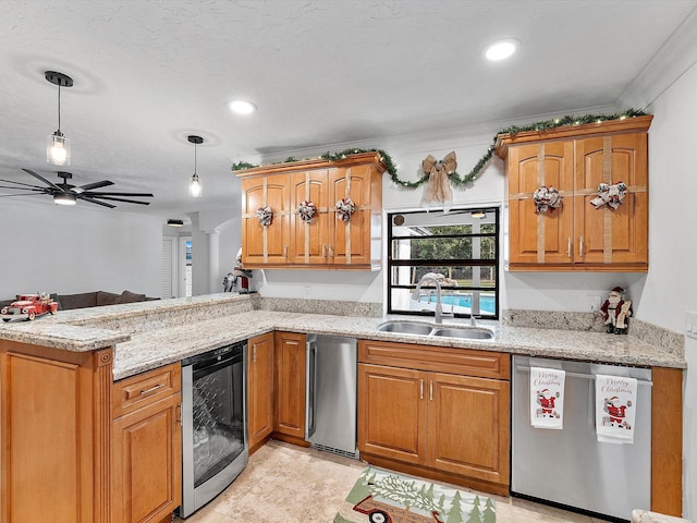 kitchen with sink, dishwasher, ornamental molding, decorative light fixtures, and beverage cooler