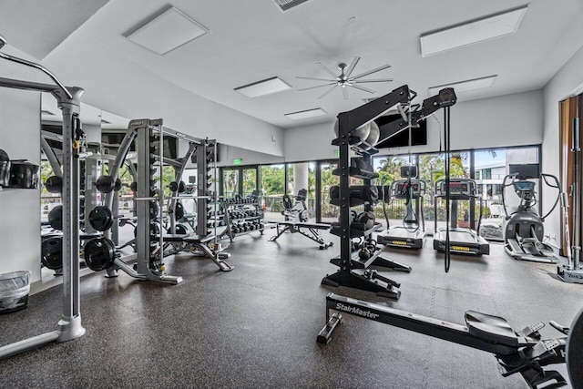 workout area featuring ceiling fan