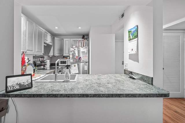 kitchen featuring kitchen peninsula, appliances with stainless steel finishes, light hardwood / wood-style floors, and gray cabinetry