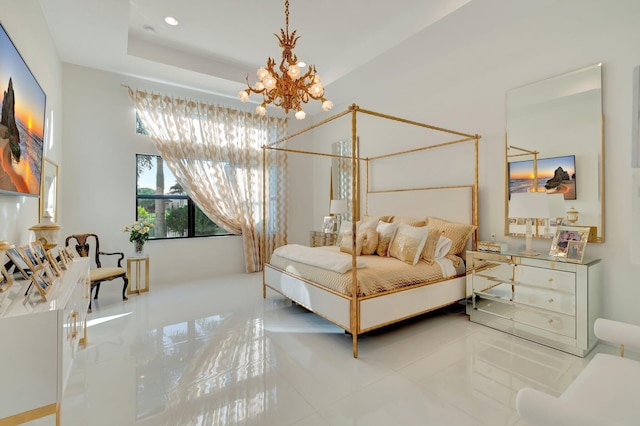 bedroom with a notable chandelier