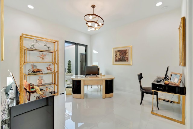 tiled office featuring an inviting chandelier