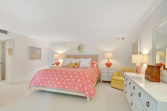 bedroom featuring light carpet and crown molding